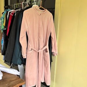Pink Velvet MIDI length coat.  Satin lining, slit front pockets. Attached belt